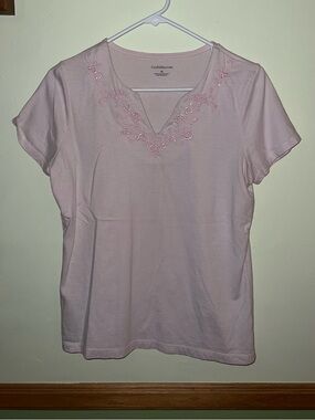 Croft & Barrow Light Pink V-Neck Tee with Floral Embroidery